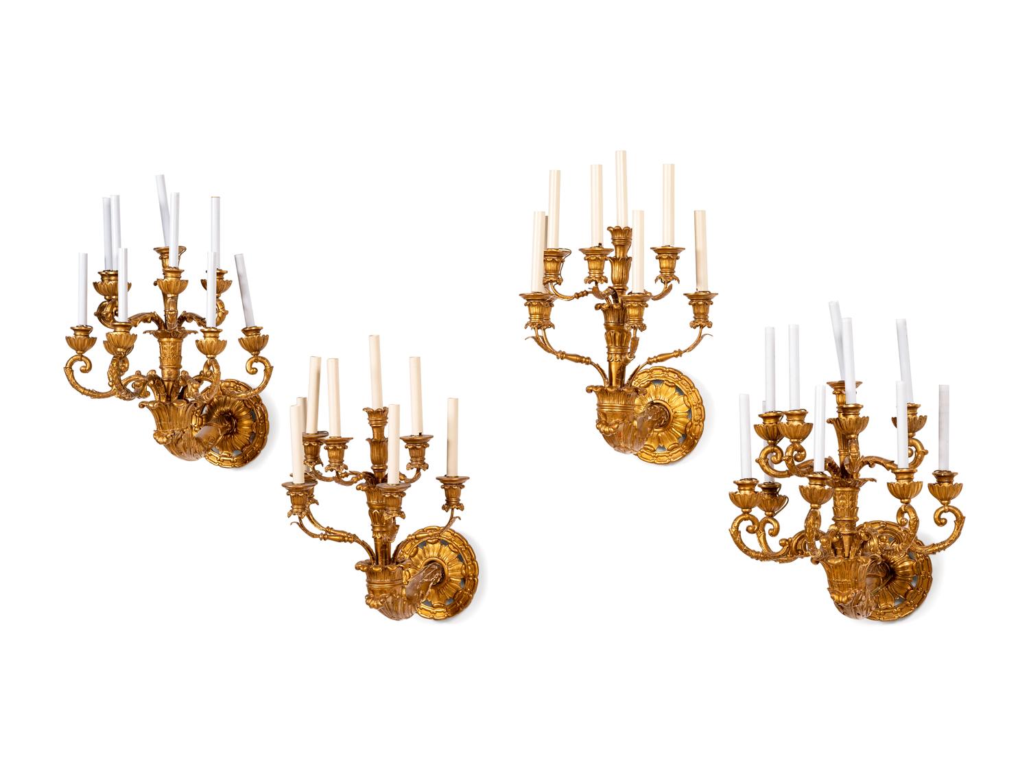 Two Similar Pairs of Neoclassical Style Giltwood Sconces