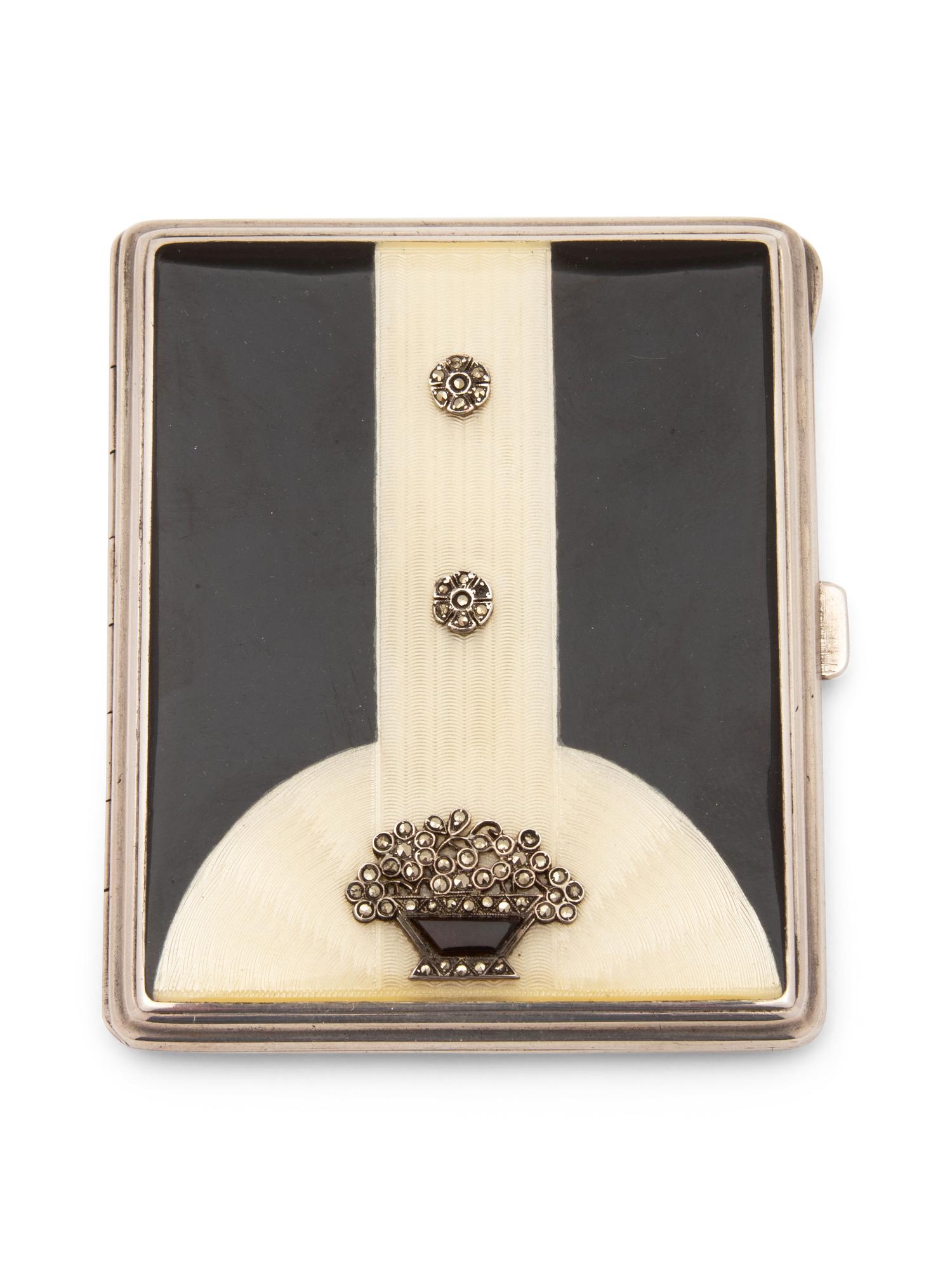 An Art Deco Black and White Enamel, Marcasite and Silver Cigarette Case
