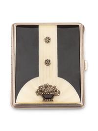 An Art Deco Black and White Enamel, Marcasite and Silver Cigarette Case