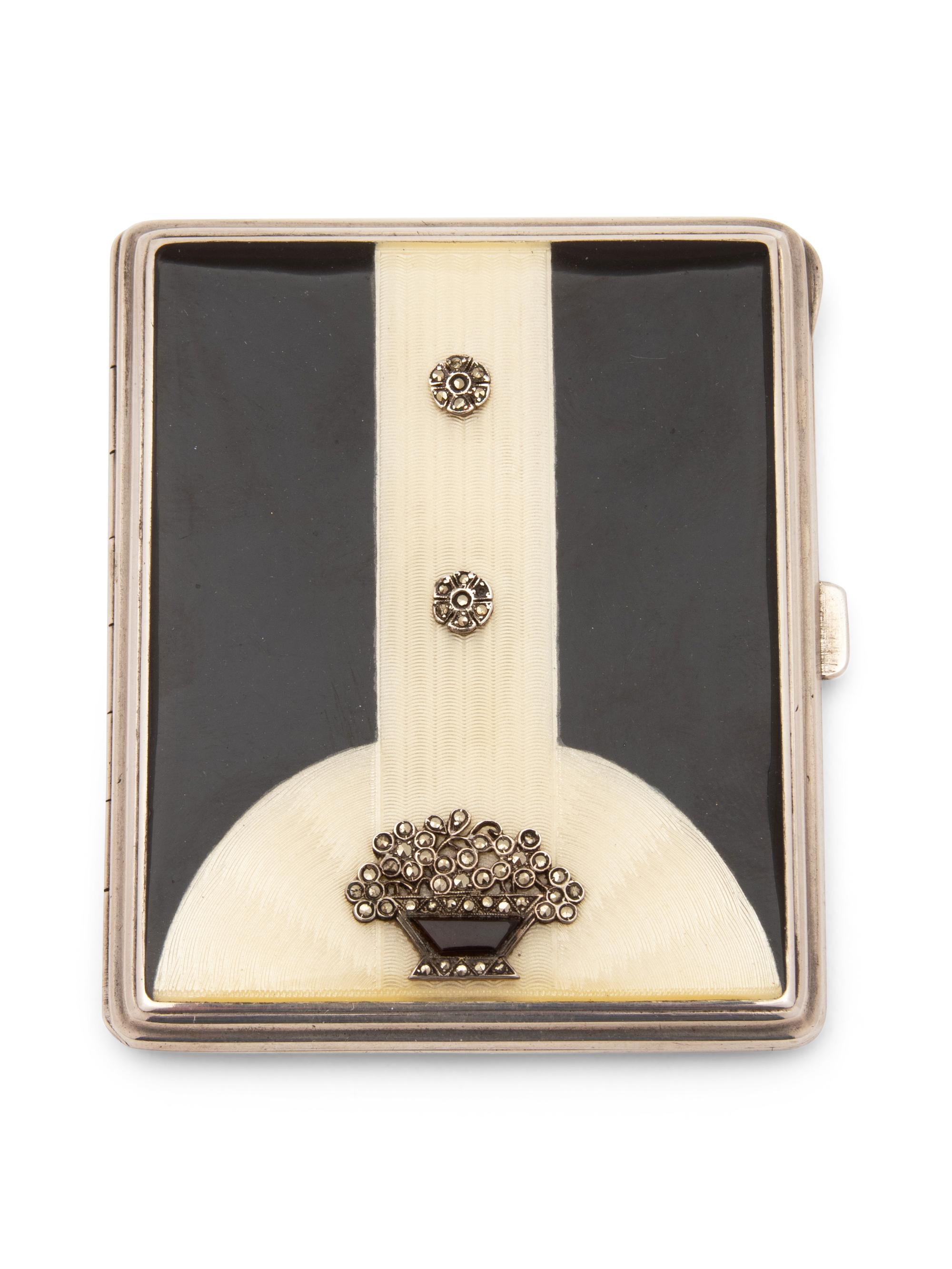 An Art Deco Black and White Enamel, Marcasite and Silver Cigarette Case