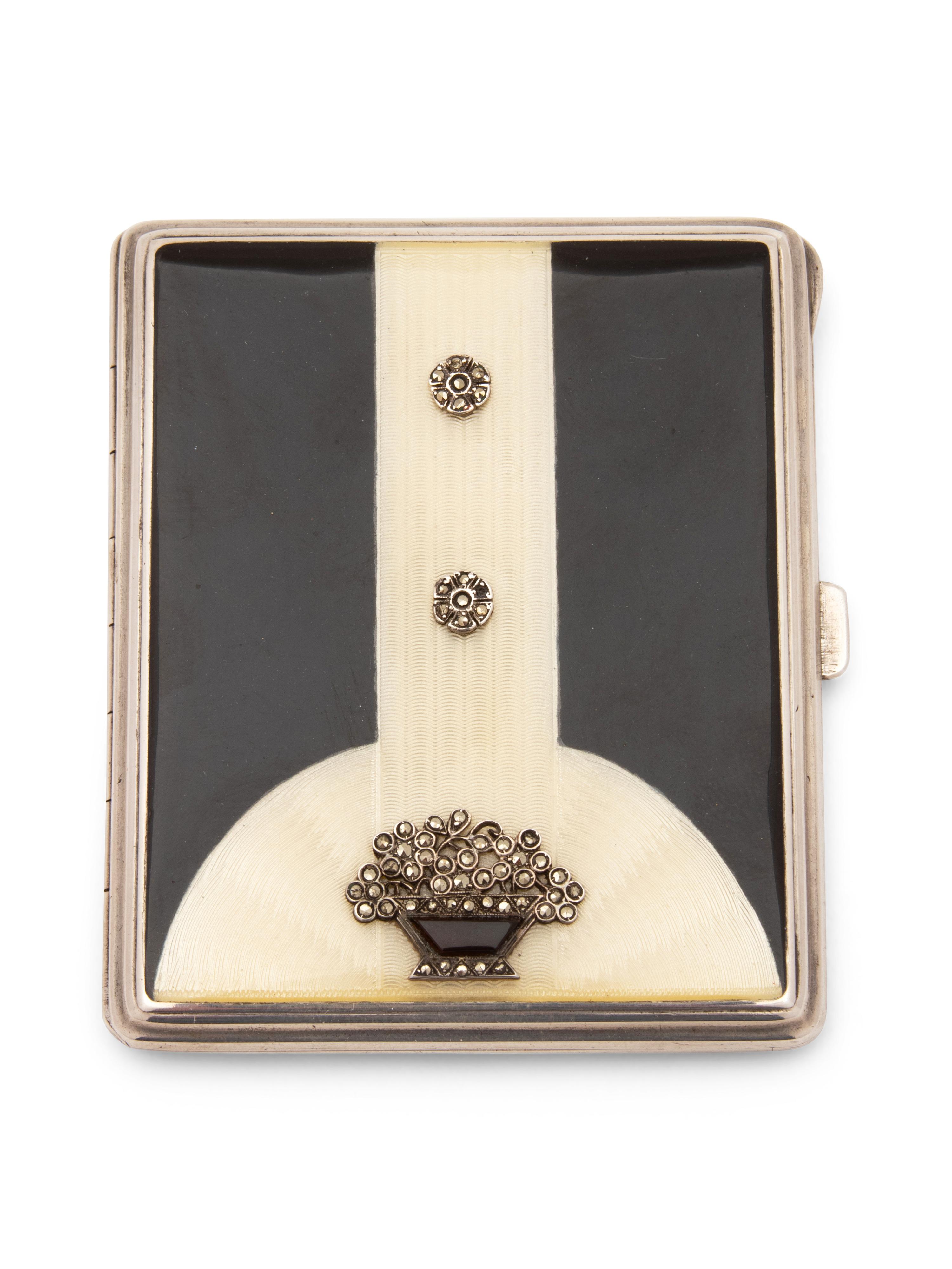 An Art Deco Black and White Enamel, Marcasite and Silver Cigarette Case