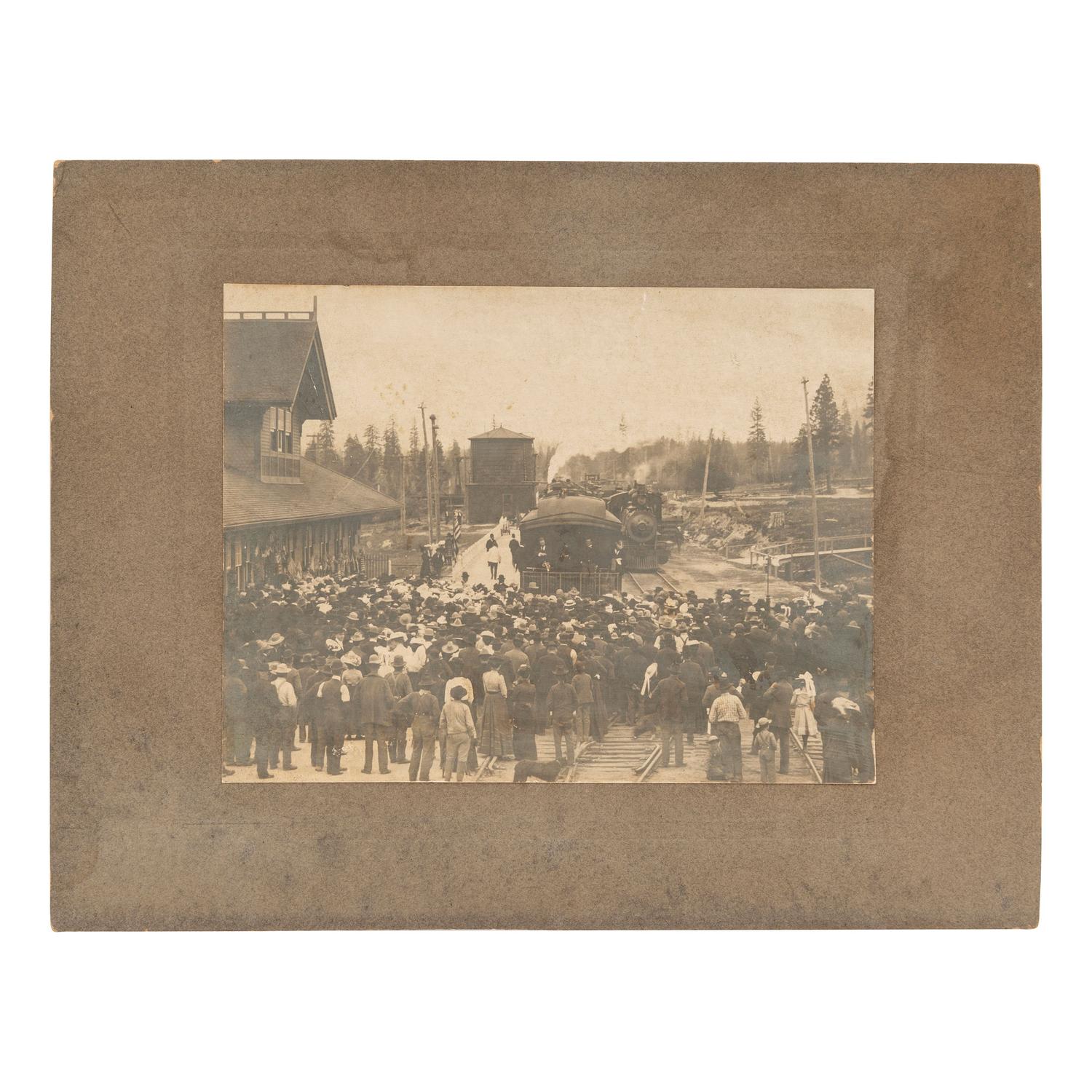 ROOSEVELT, Theodore (1858-1919). Outdoor image of whistle stop tour. [Shasta Springs, CA], n.d.