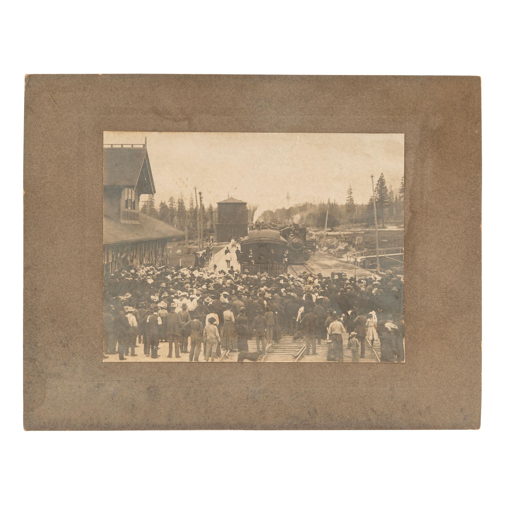 ROOSEVELT, Theodore (1858-1919). Outdoor image of whistle stop tour. [Shasta Springs, CA], n.d.