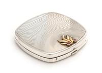 An American Silver, 14-Karat Gold and Ruby Inset Compact, Tiffany & Co., New York, NY, 20th Century, the engine turned lid with an appl