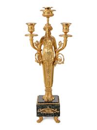 An Empire Style Gilt and Patinated Bronze and Marble Clock Garniture