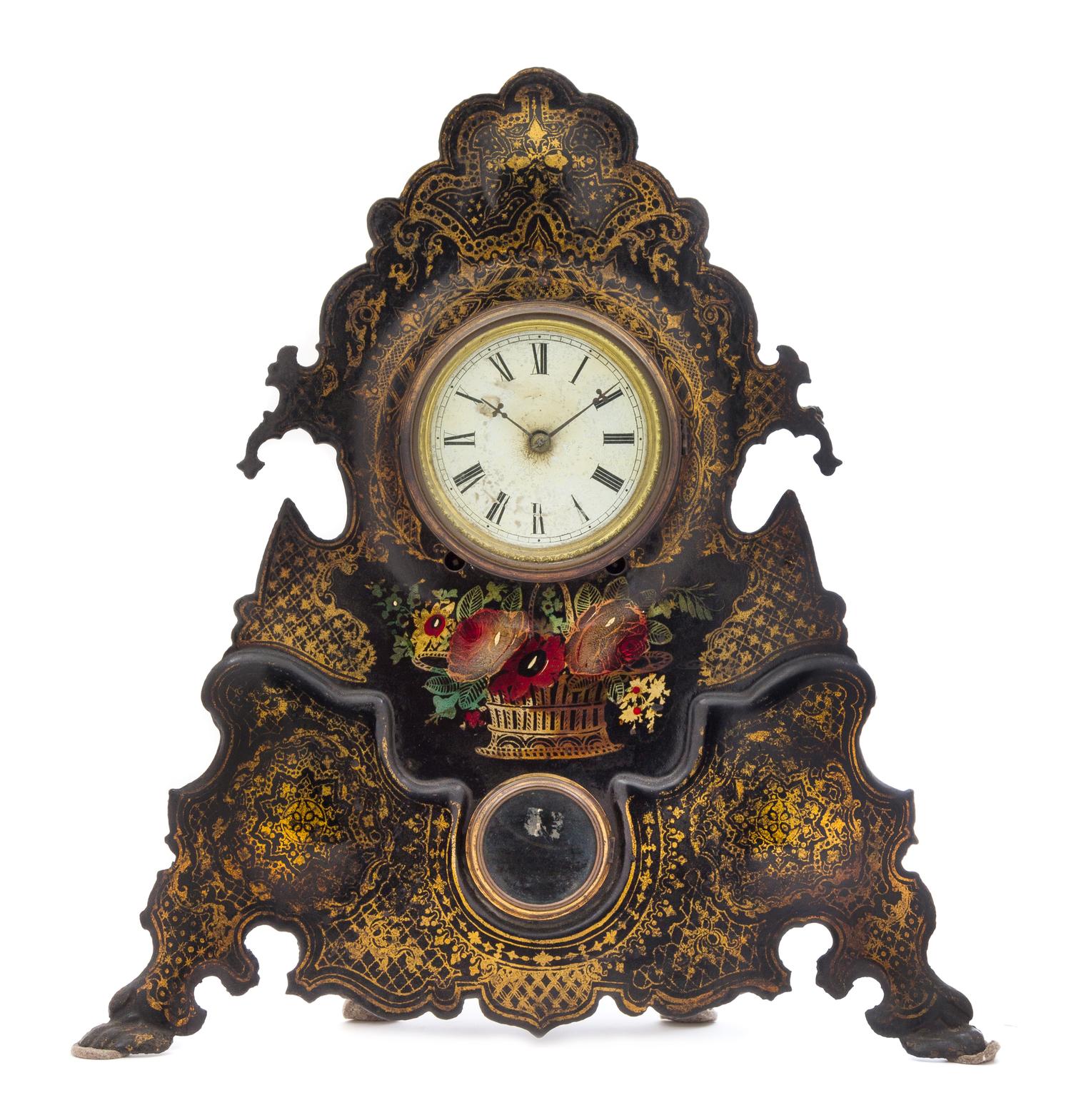 A Victorian Painted Tole Mantel Clock Height 20 1/4 inches. — 19TH CENTURY