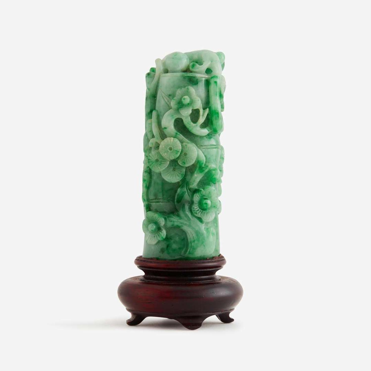 A Chinese jadeite "Qilong and 'Three Friends' " carving 翡翠雕螭龙岁寒三友柄型器