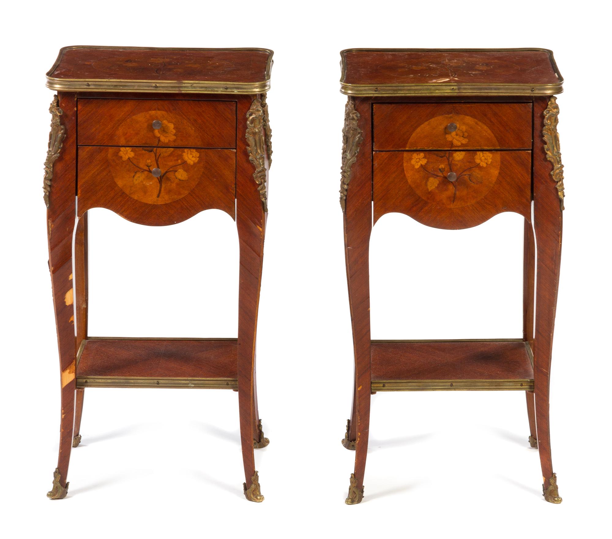 A Pair of Louis XV Style Gilt Metal Mounted Marquetry Tables en Chiffonier Height 28 1/2 inches. — EARLY 20TH CENTURY