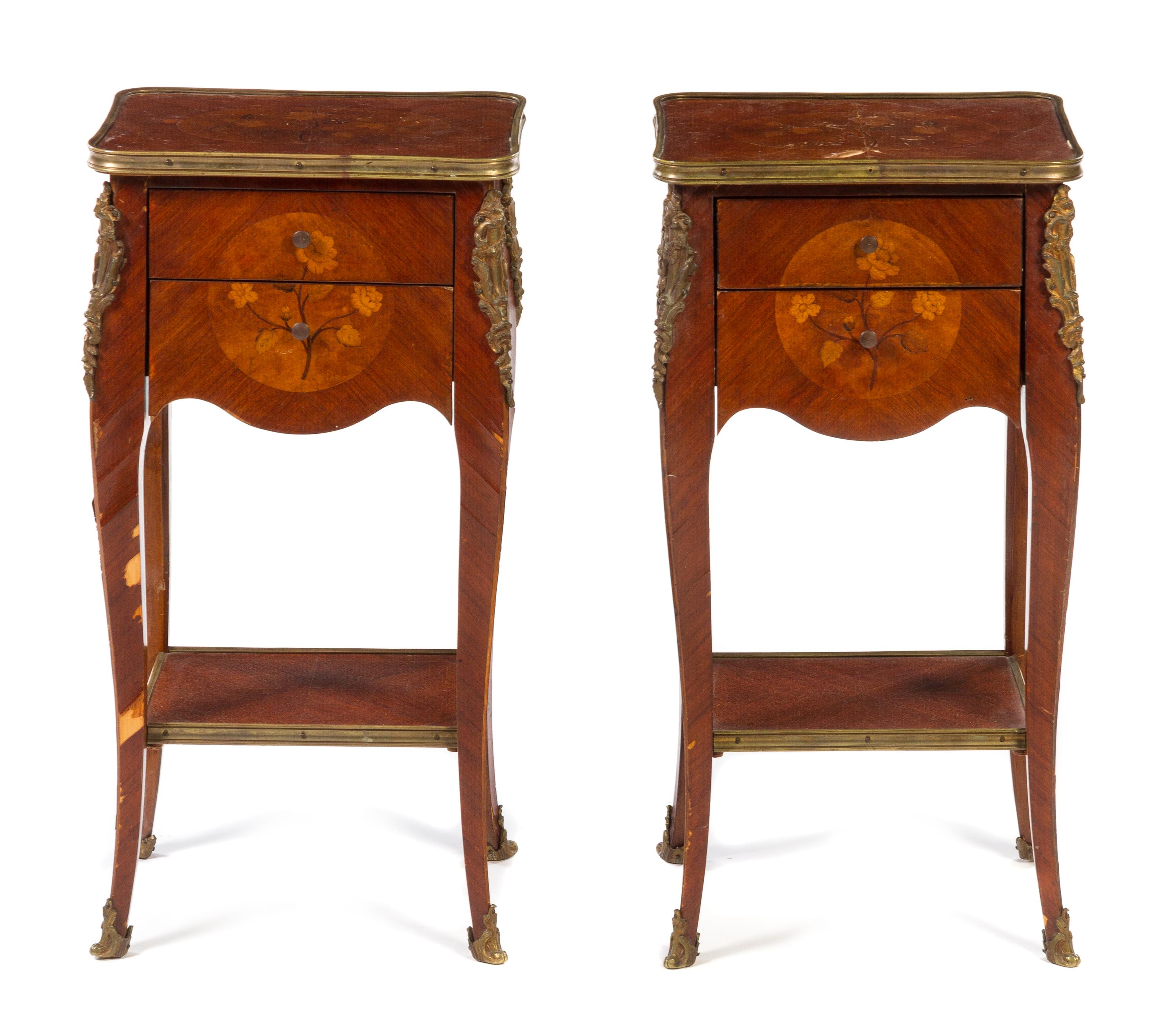 A Pair of Louis XV Style Gilt Metal Mounted Marquetry Tables en Chiffonier Height 28 1/2 inches. — EARLY 20TH CENTURY