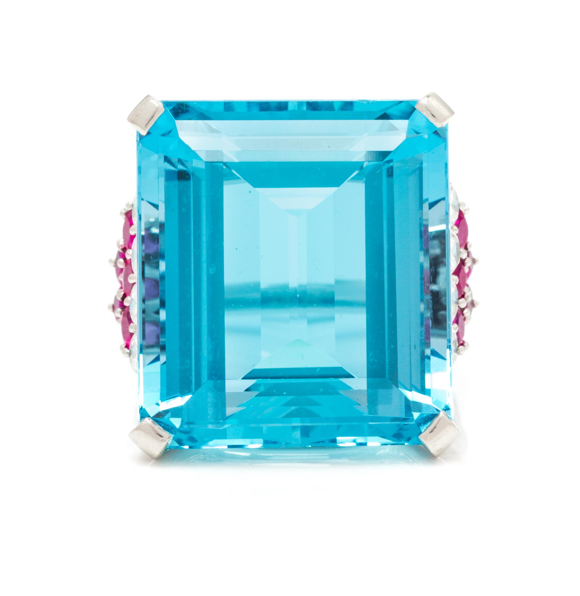 A Platinum, Aquamarine, Diamond and Ruby Ring, Tiffany & Co., 12.50 dwts.