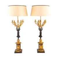 A Pair of Empire Style Gilt and Patinated Bronze Candelabra Mounted as Lamps