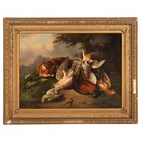 Continental, 19th Century — Still Life with Game Birds, a Green Parrot and a Fox
