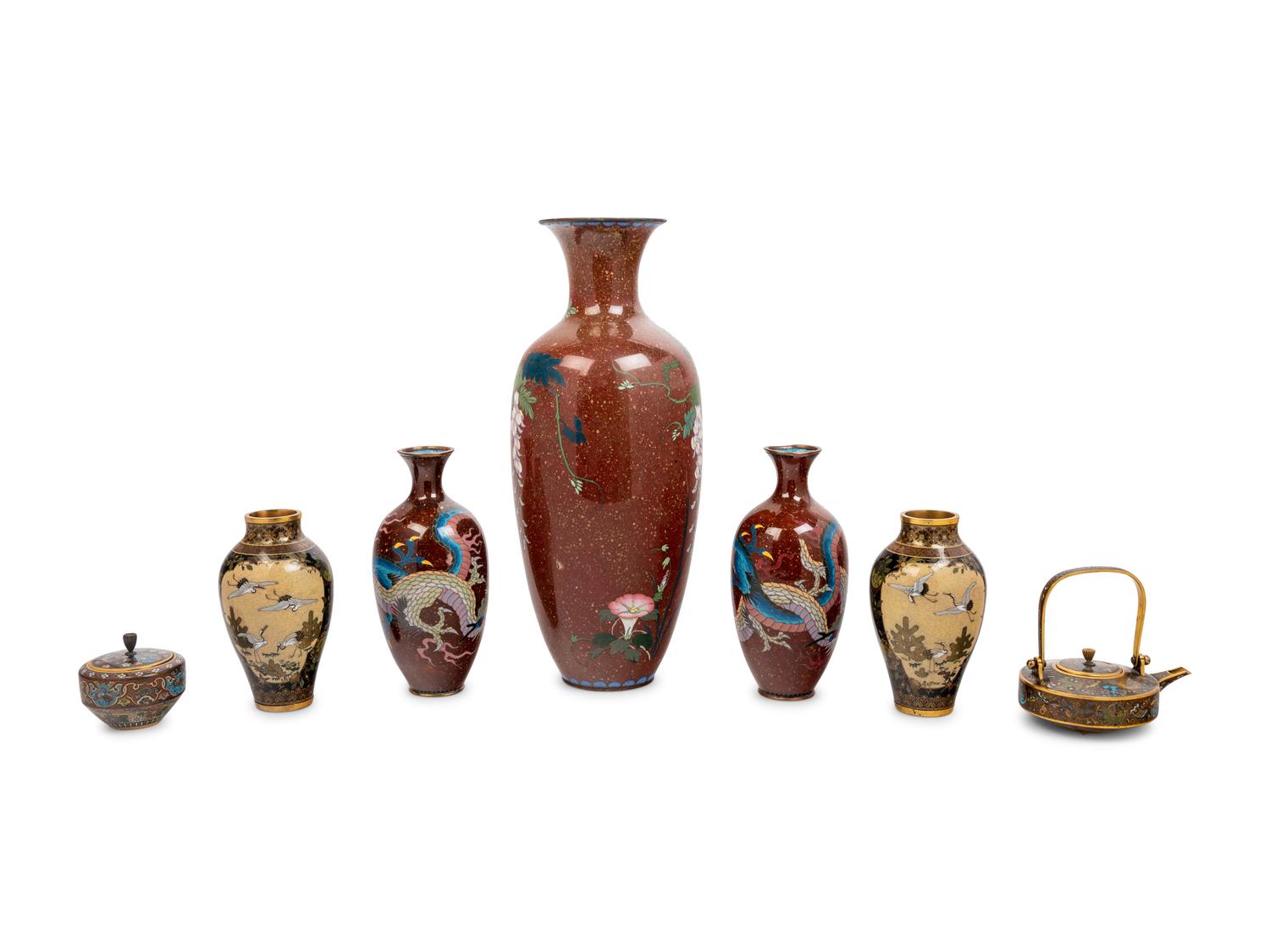 Seven Japanese Brown Ground Cloisonné Enameled Articles