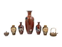 Seven Japanese Brown Ground Cloisonné Enameled Articles