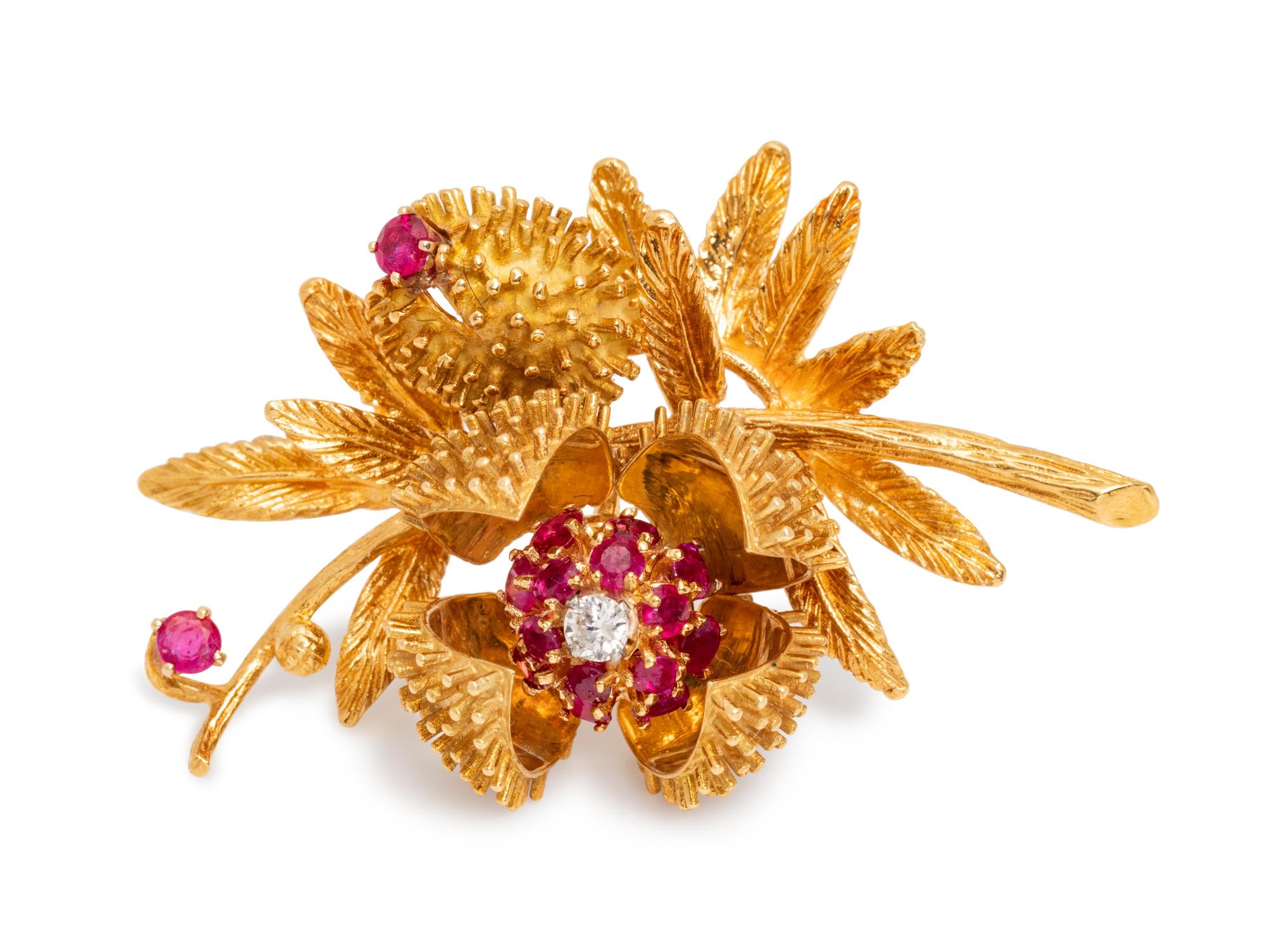 An 18 Karat Yellow Gold, Ruby and Diamond Articulated Floral Brooch,