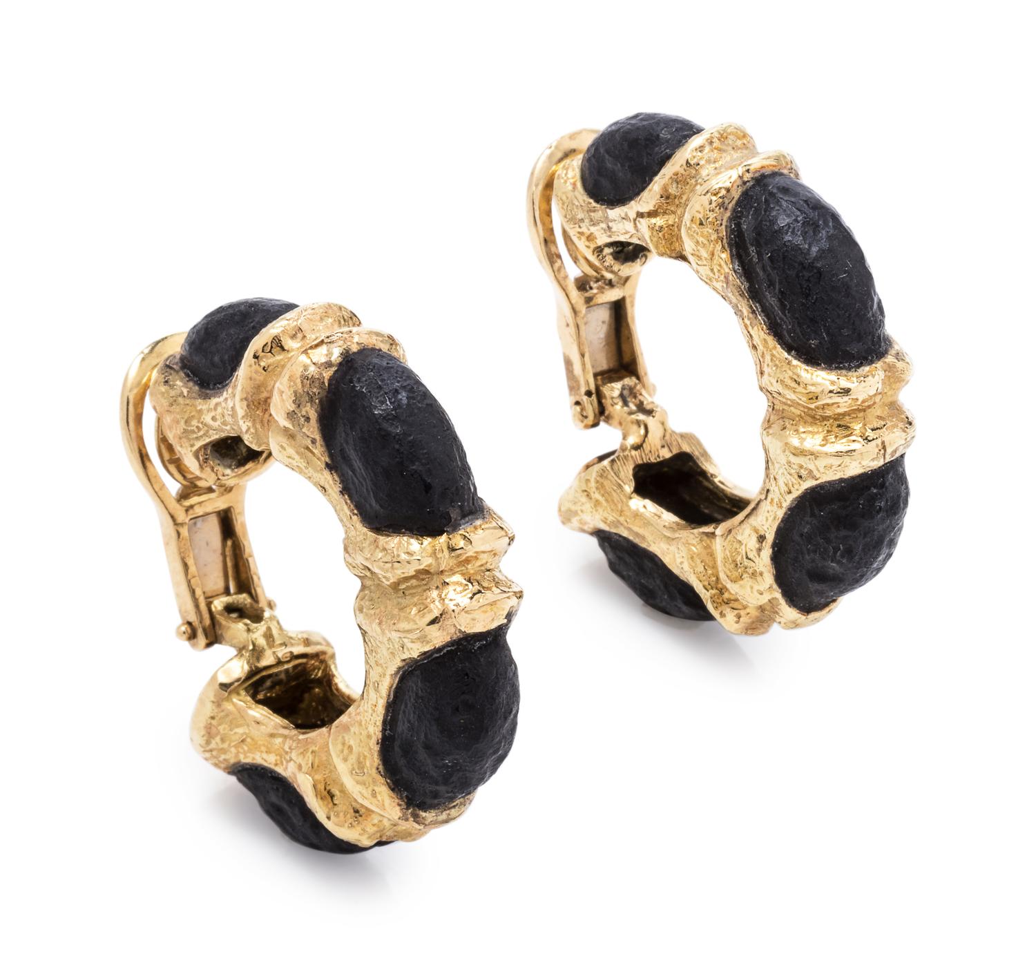 A Pair of Yellow Gold and Jet Hoop Earrings, Katy Briscoe,