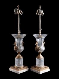 A Pair of Empire Style Gilt Metal Mounted Cut Glass Urns Mounted as Lamps