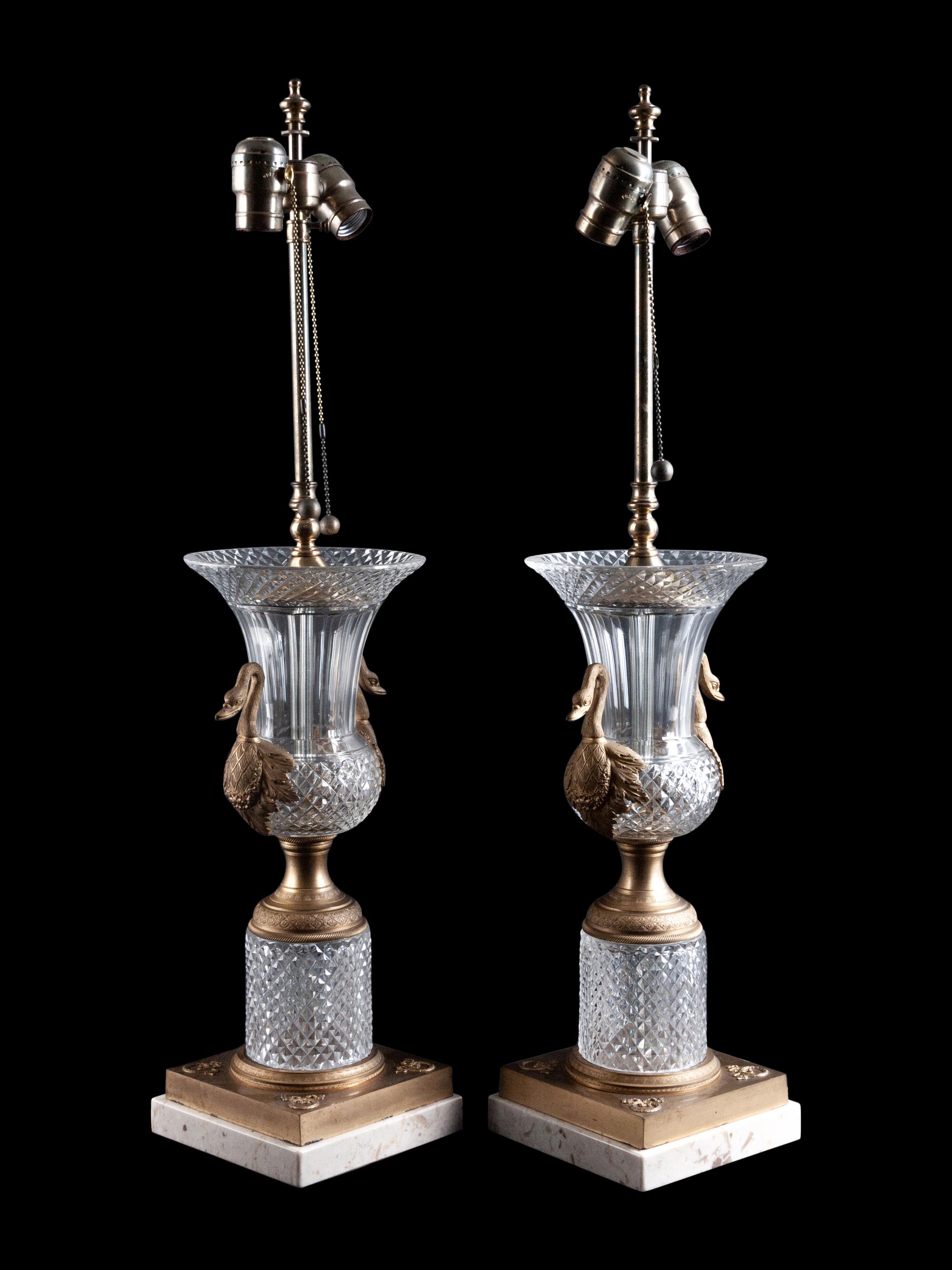 A Pair of Empire Style Gilt Metal Mounted Cut Glass Urns Mounted as Lamps