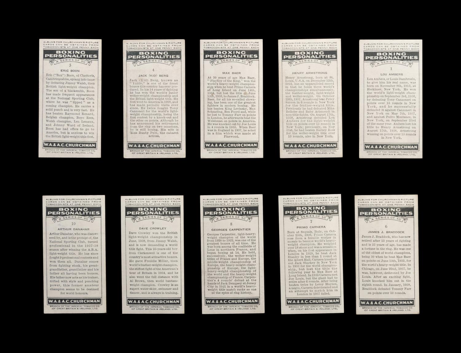 A Complete Set of 50 1938 Churchman Boxing Personalities Cards,