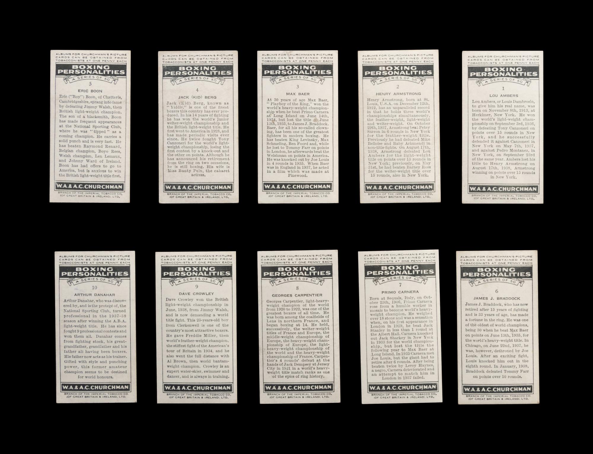 A Complete Set of 50 1938 Churchman Boxing Personalities Cards,