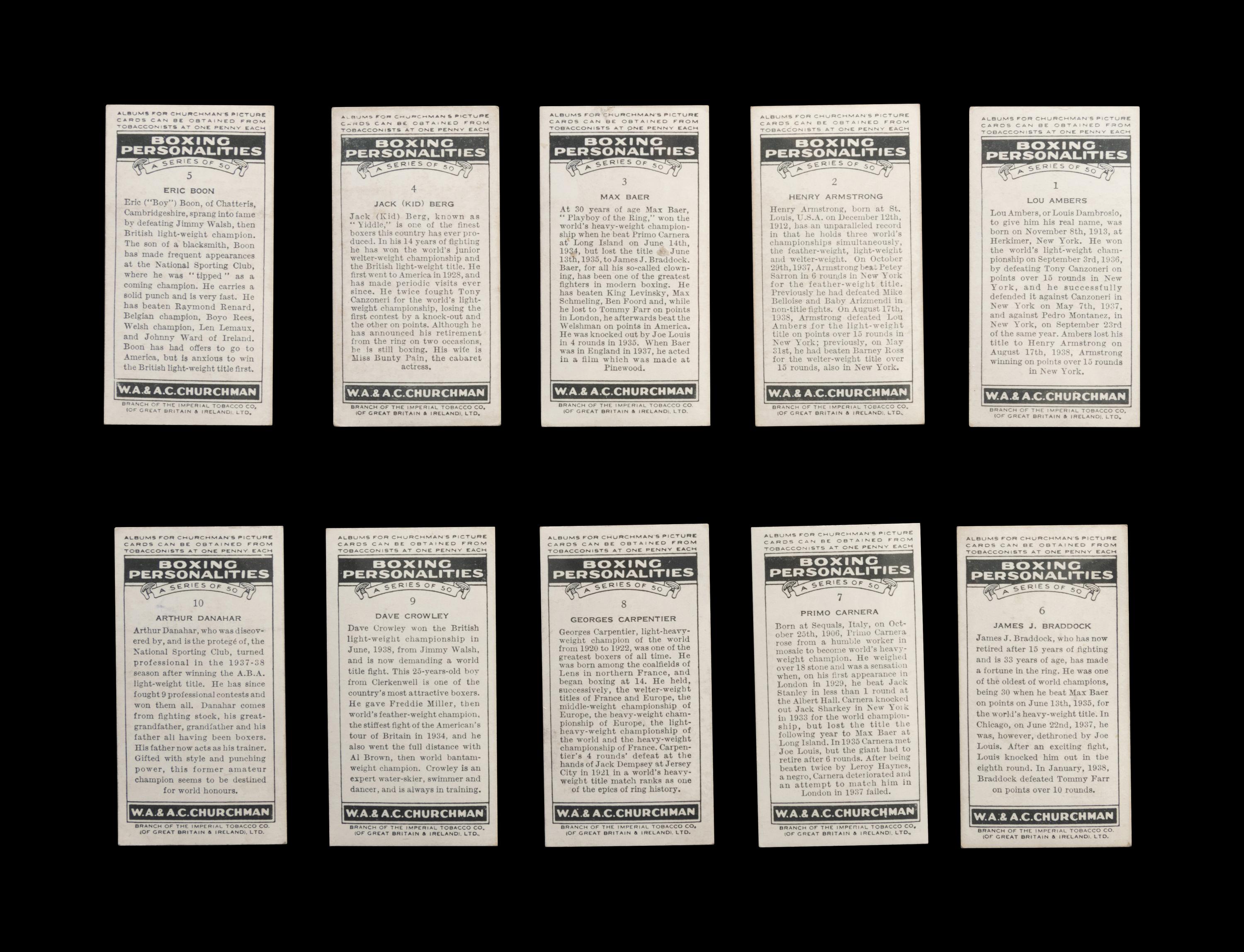 A Complete Set of 50 1938 Churchman Boxing Personalities Cards,