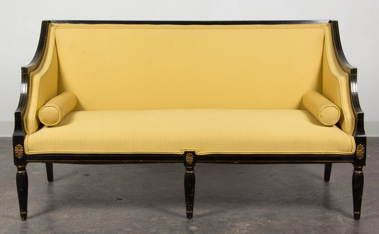 A Georgian Style Painted and Parcel Gilt Settee Height 33 x length 58 x depth 30 inches. — 20TH CENTURY