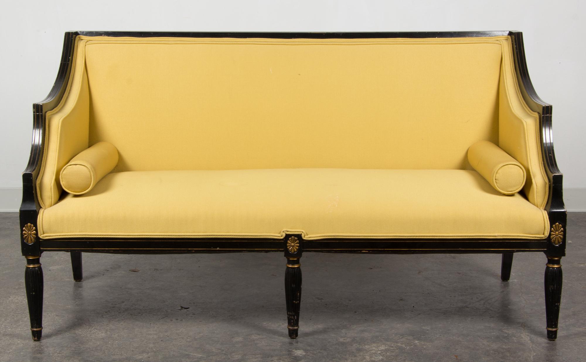 A Georgian Style Painted and Parcel Gilt Settee Height 33 x length 58 x depth 30 inches. — 20TH CENTURY