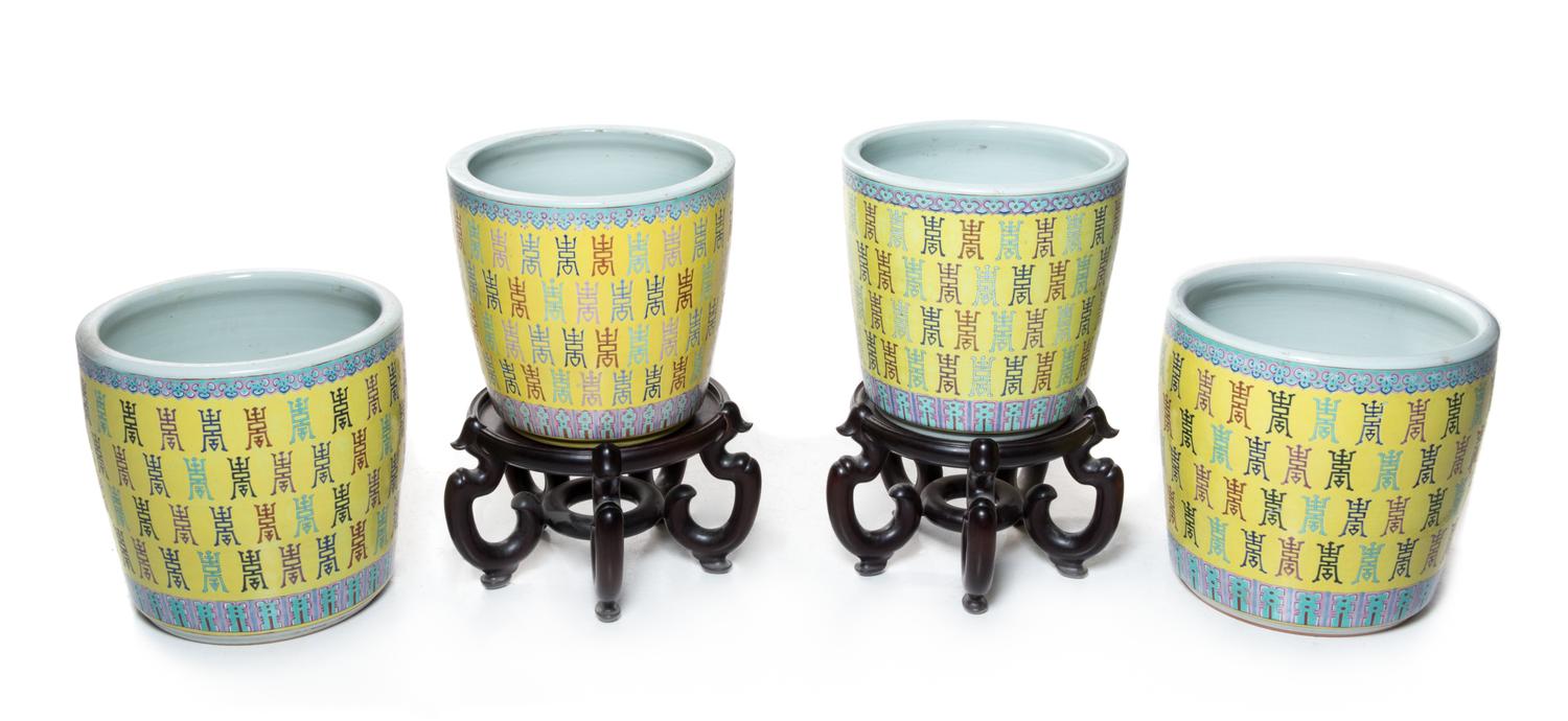 Two Pairs of Chinese Famille Jaune Porcelain Cachepots Height of larger 15 inches. — 20TH CENTURY