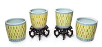 Two Pairs of Chinese Famille Jaune Porcelain Cachepots Height of larger 15 inches. — 20TH CENTURY