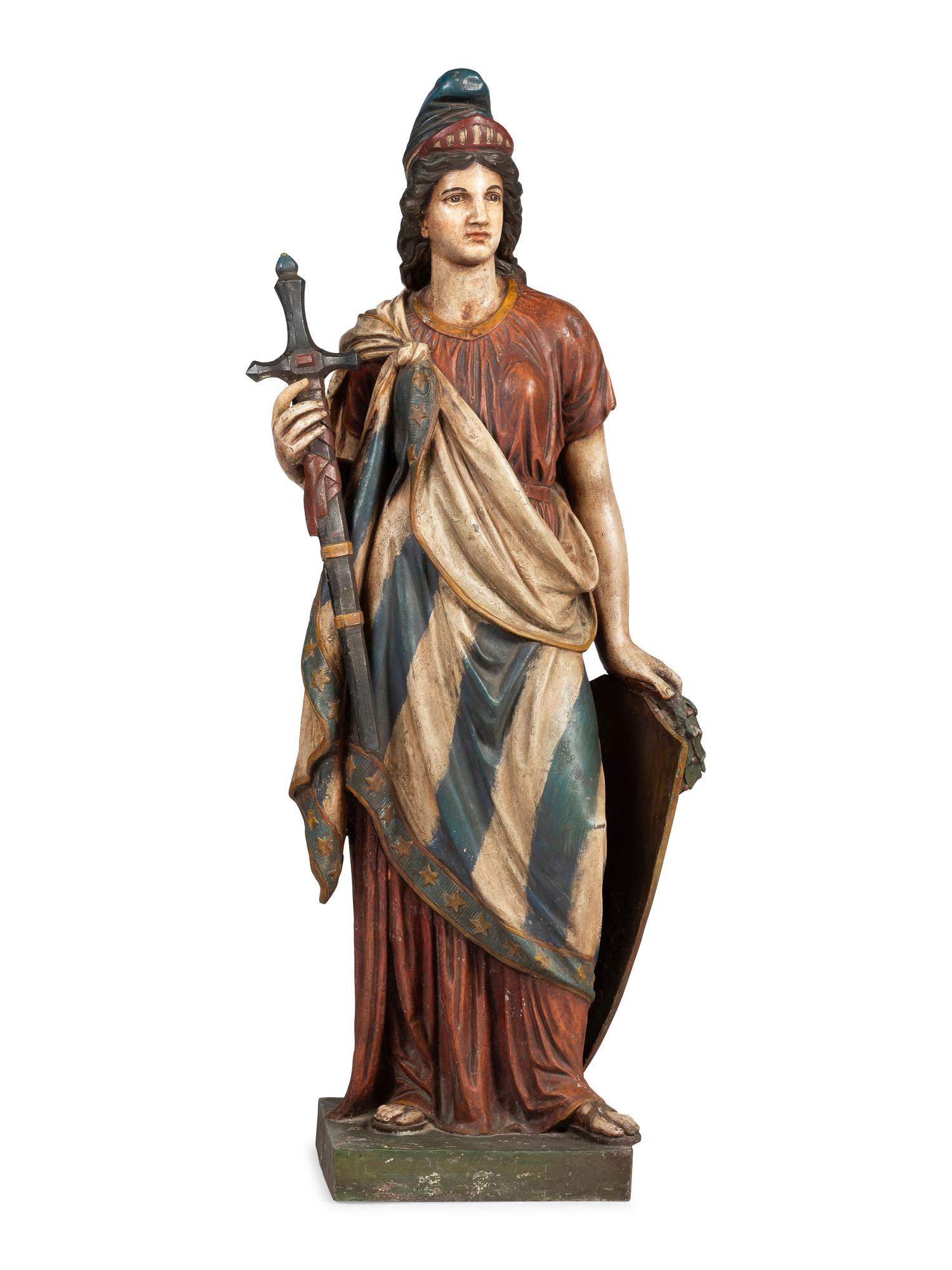 A Polychrome Painted Cast Zinc Goddess of Liberty Figure