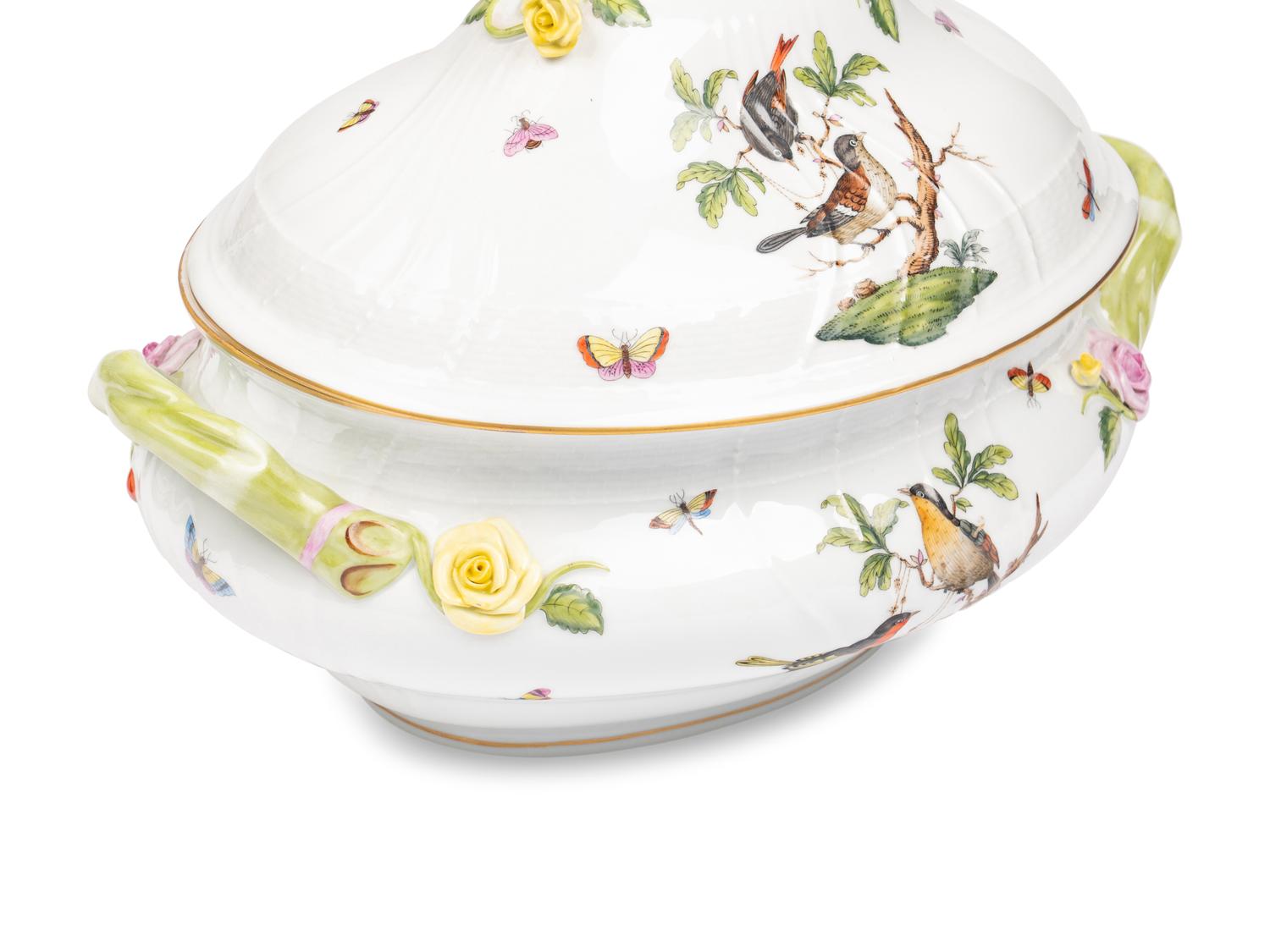 A Herend Rothschild Bird Porcelain Tureen and Covered Vegetable Dish