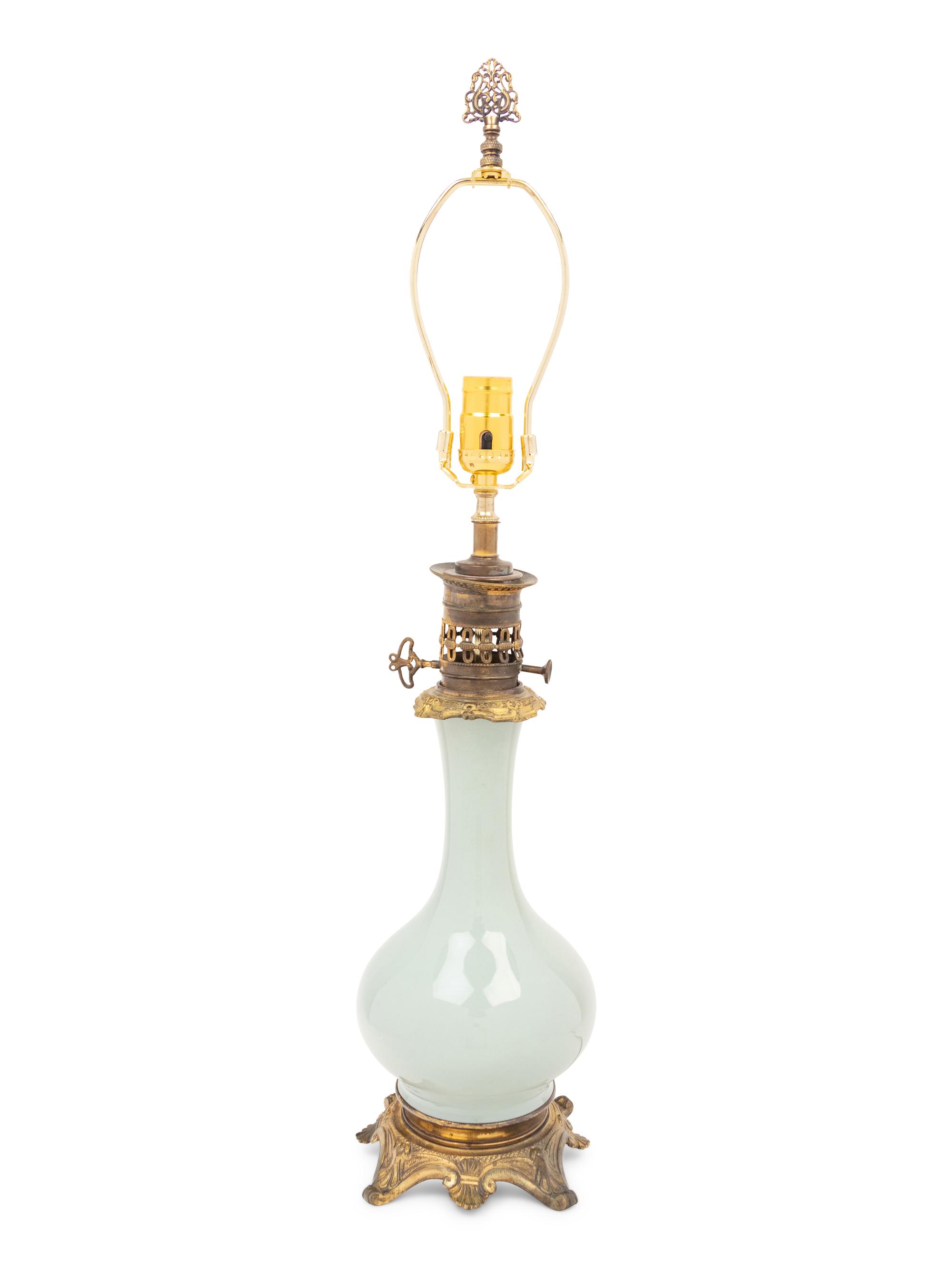 A Gilt Bronze Mounted Celadon Glazed Porcelain Vase Mounted as a Lamp