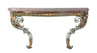 A Continental Gilt and Patinated Metal Console Table, Height 34 x width 66 1/4 x depth 21 1/4 inches.