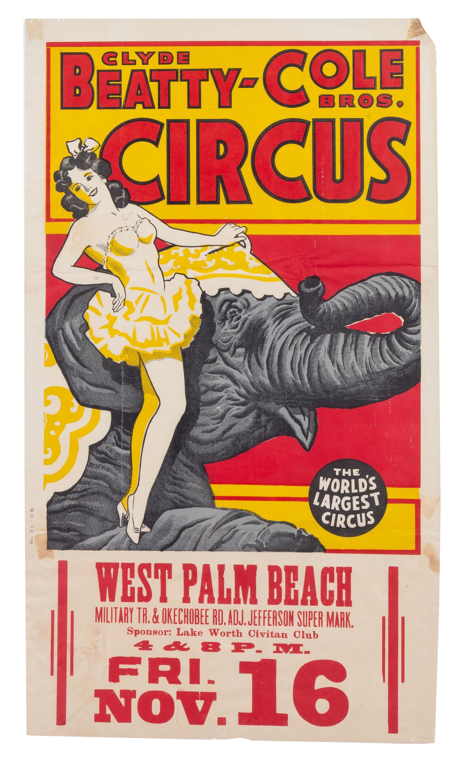 (CIRCUS) CLYDE BEATTY-COLE BROTHERS Sheet: 36 1/8 x 20 7/8 inches.