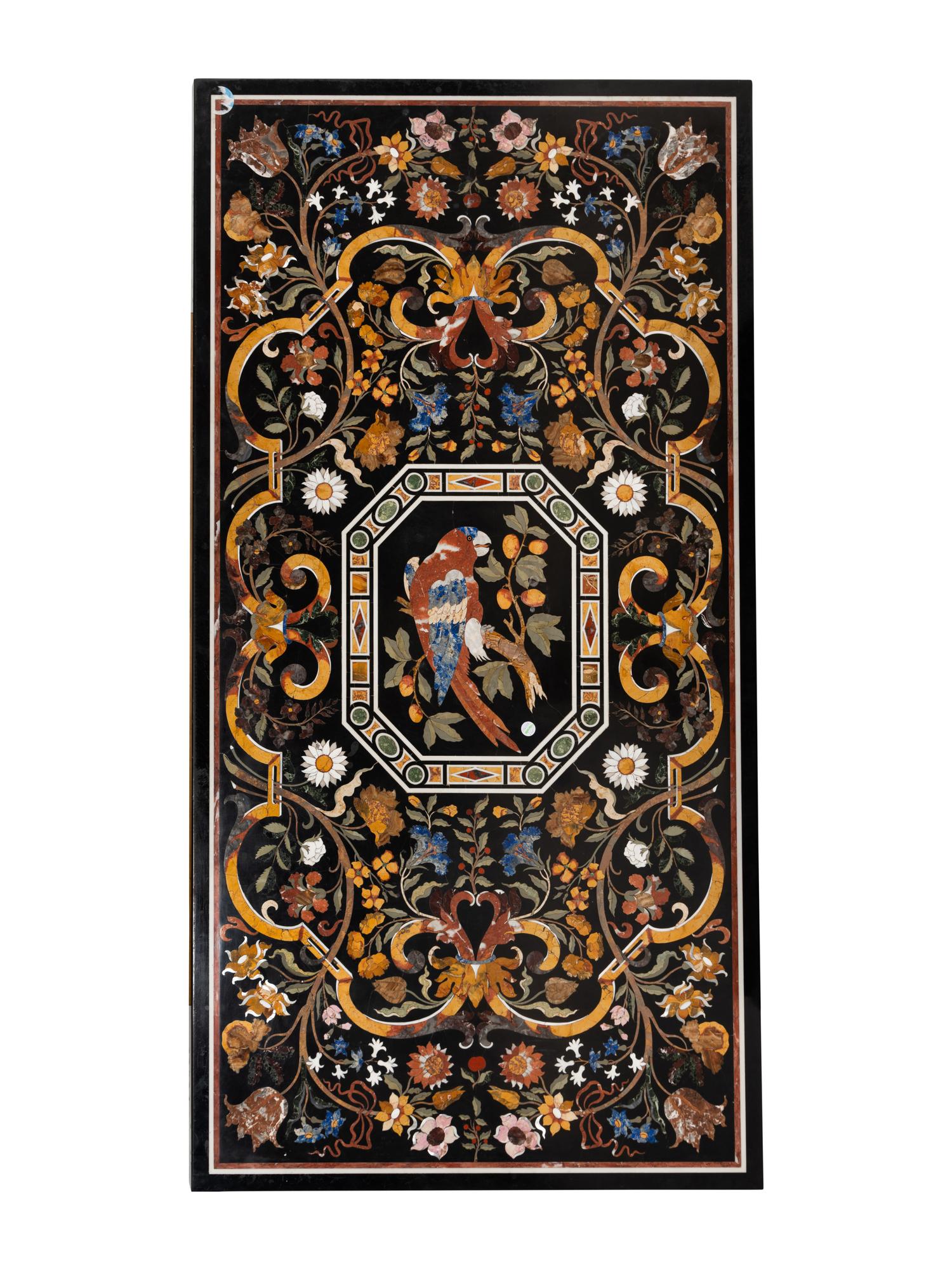 An Italian Pietra Dura Table Top and Pair of Italian Marble Volute Carved Supports
