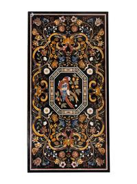 An Italian Pietra Dura Table Top and Pair of Italian Marble Volute Carved Supports