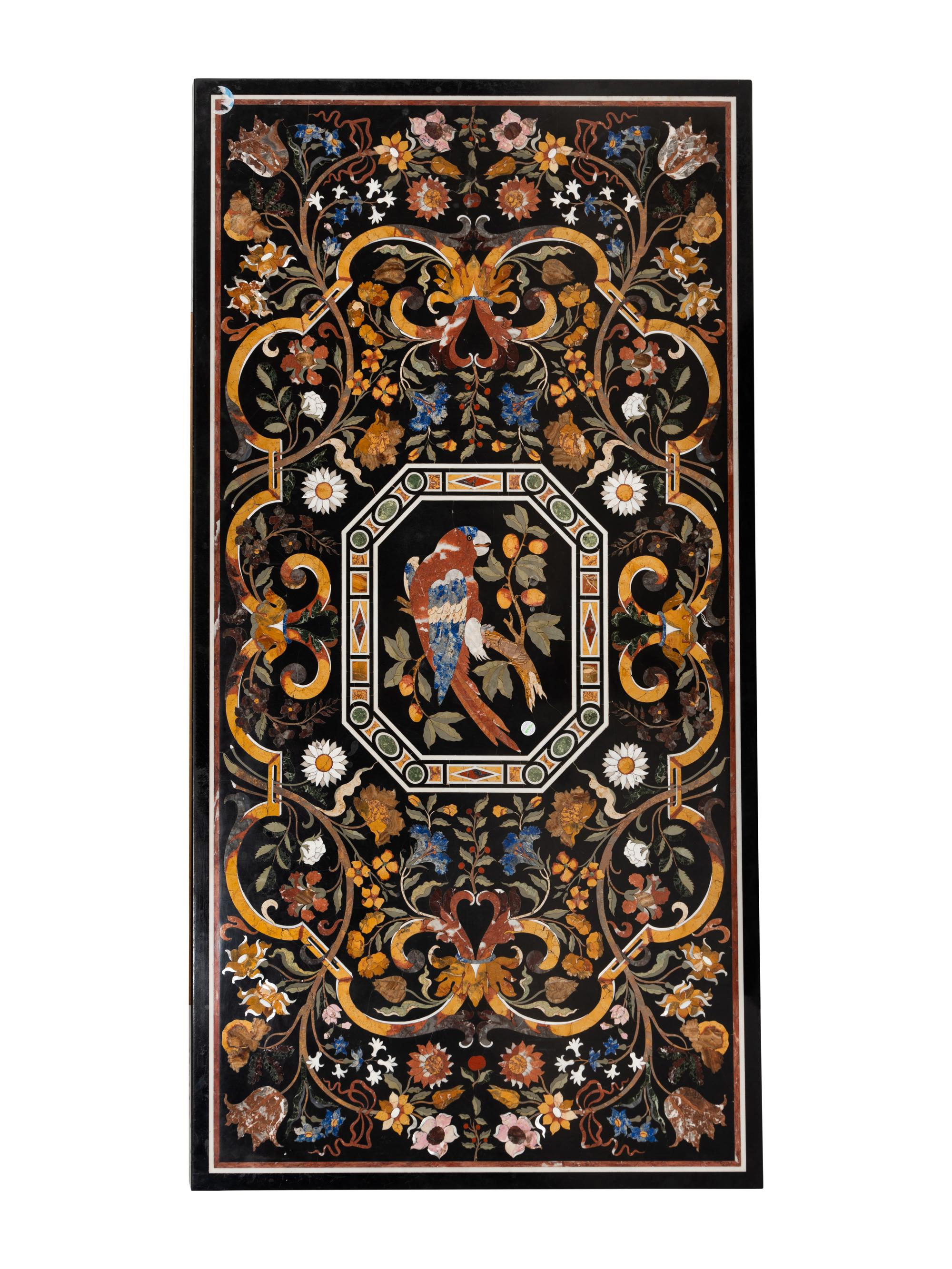 An Italian Pietra Dura Table Top and Pair of Italian Marble Volute Carved Supports