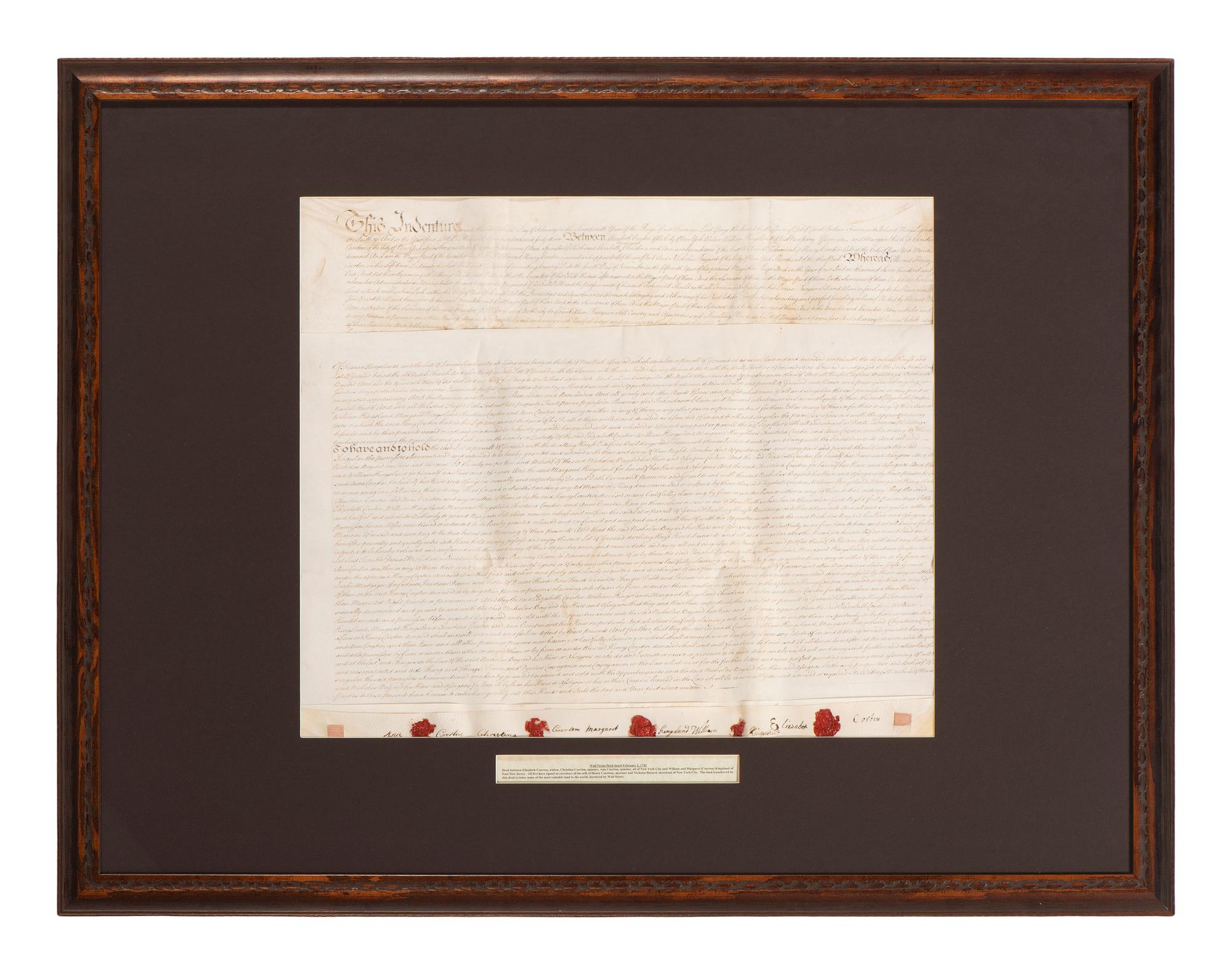 [NEW YORK]. Colonial-era manuscript indentures for property near Wall Street, 1694-1743.