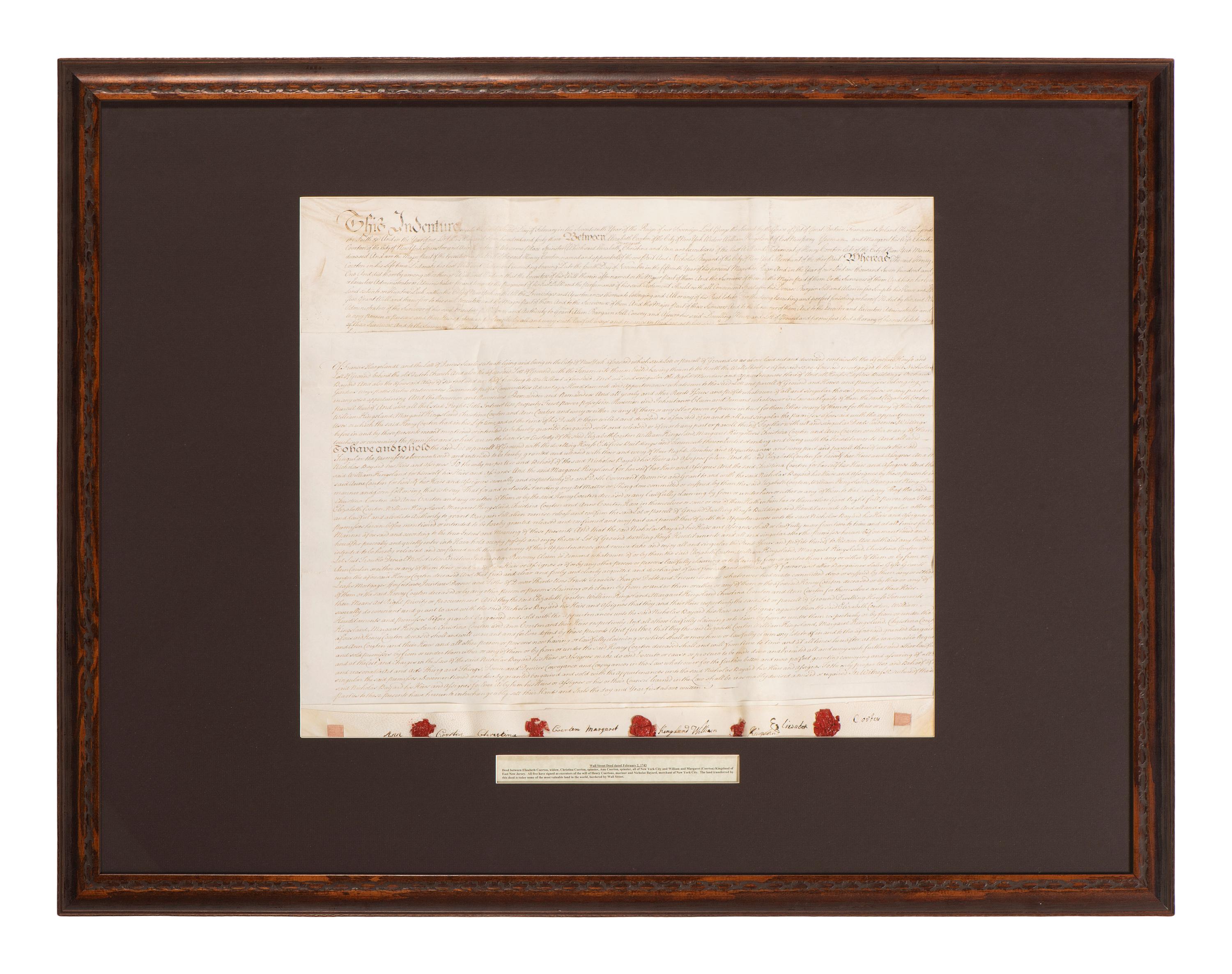 [NEW YORK]. Colonial-era manuscript indentures for property near Wall Street, 1694-1743.