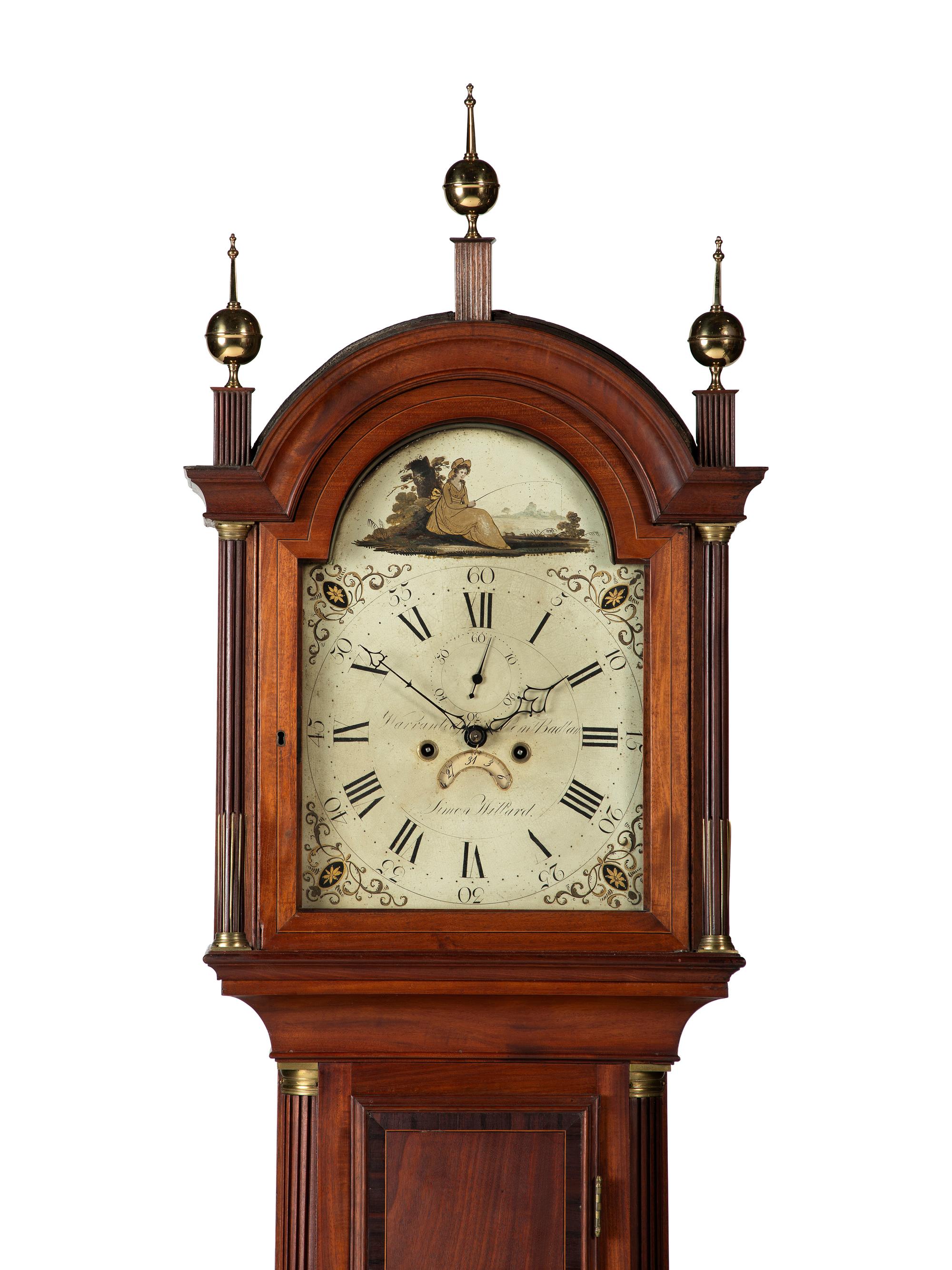 A Federal Carved and Inlaid, Brass-Mounted Mahogany Tall Case Clock