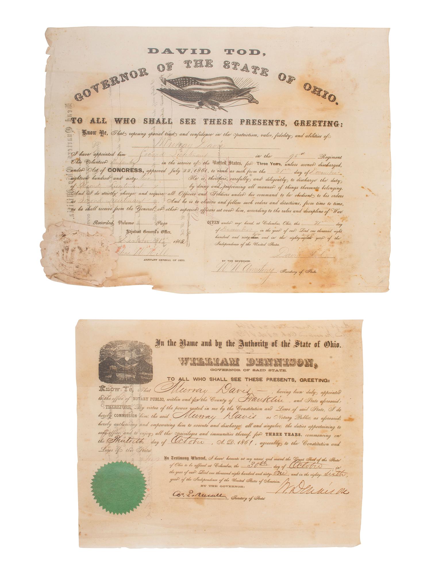 [CIVIL WAR]. JOHNSON, Andrew (1808-1875). Appointments associated with the service of Major Murray Davis, 95th Ohio Infantry, including a document signed by Andrew Johnson as President, 20 April 1866.