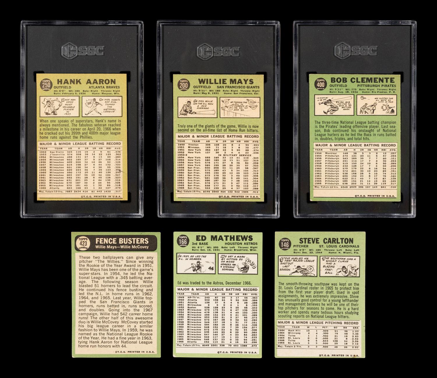 A Group of Six 1967 Topps Hall of Fame Baseball Cards Including Willie Mays Hank Aaron and Roberto Clemente