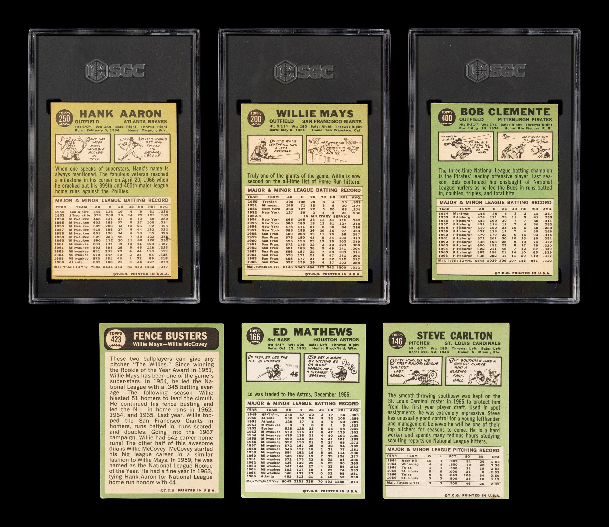A Group of Six 1967 Topps Hall of Fame Baseball Cards Including Willie Mays Hank Aaron and Roberto Clemente