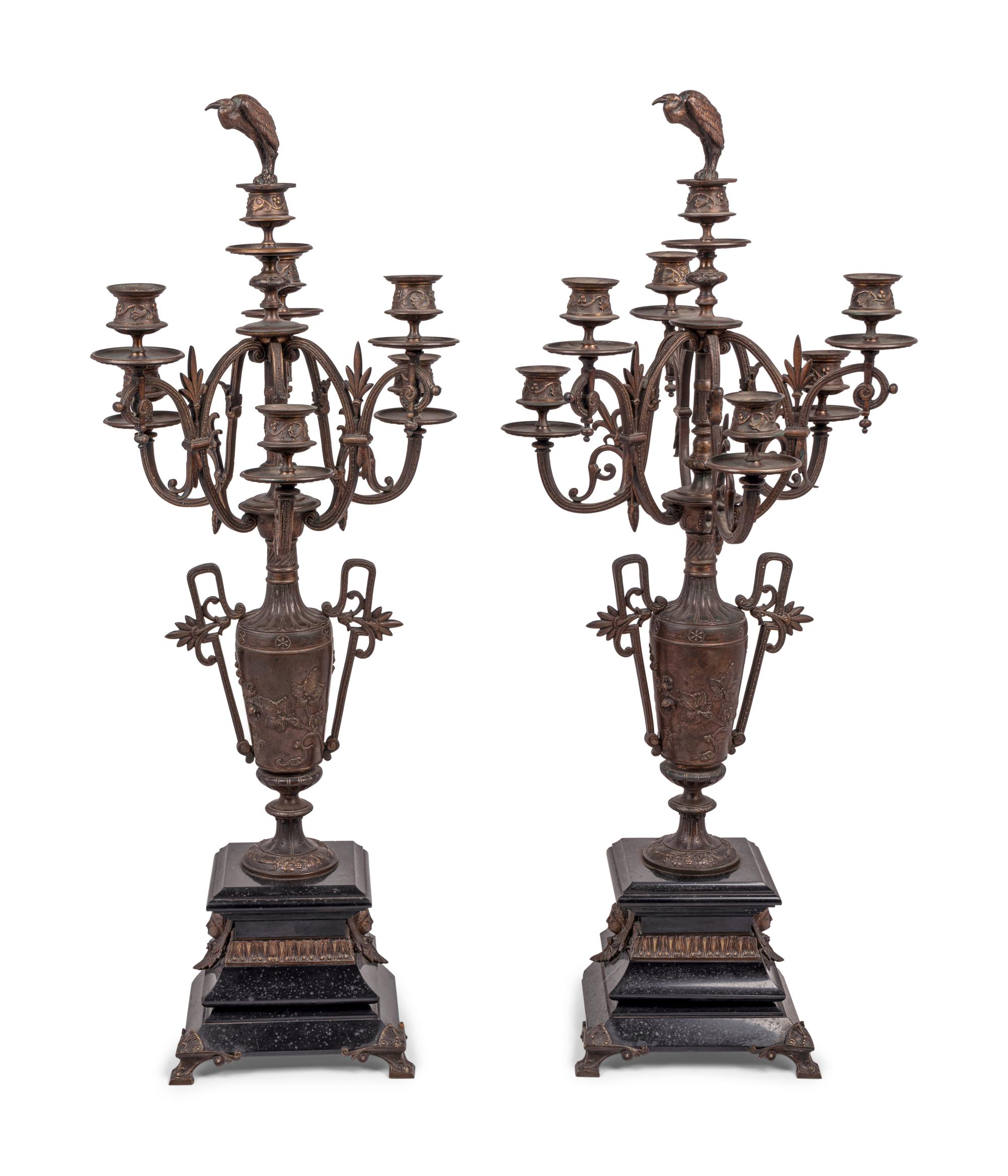 A Pair of French Bronze and Slate Six-Light Candelabra