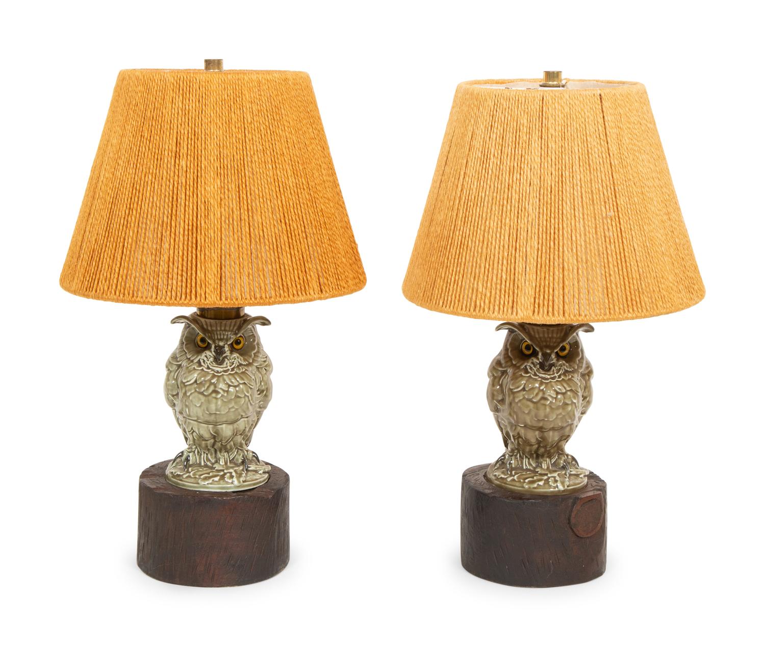 A Pair of Glazed Earthenware Owl Table Lamps