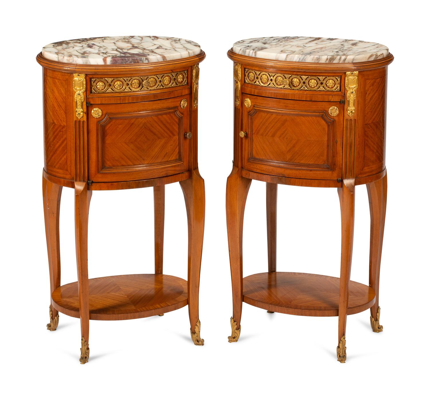 A Pair of Louis XVI Style Gilt Bronze Mounted Marble-Top Side Tables