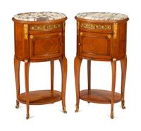 A Pair of Louis XVI Style Gilt Bronze Mounted Marble-Top Side Tables