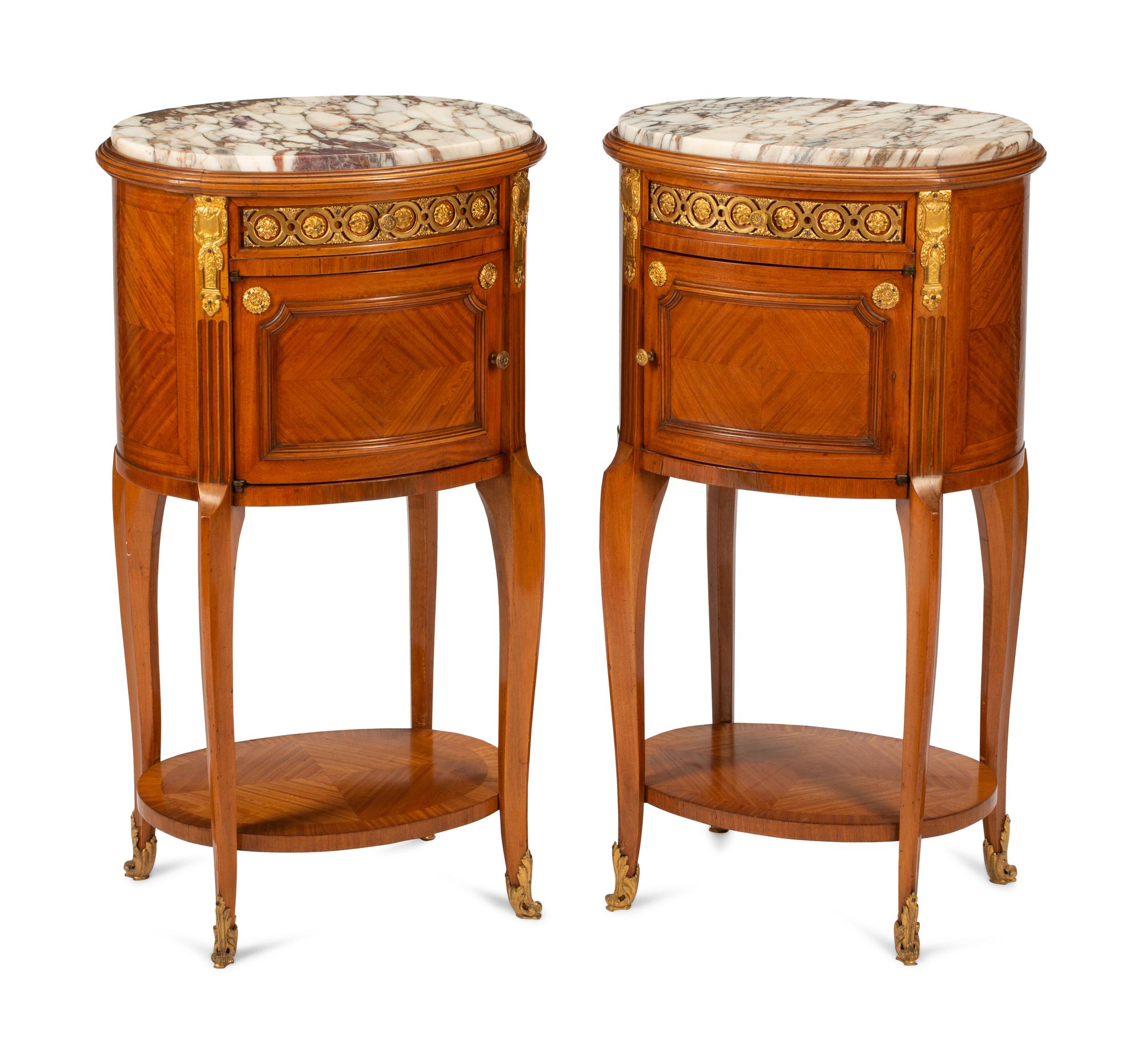A Pair of Louis XVI Style Gilt Bronze Mounted Marble-Top Side Tables