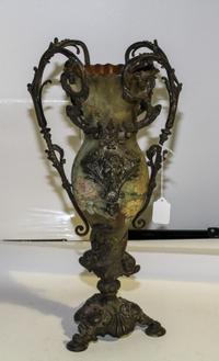 A Continental Polychrome and Cast Metal Vase. Height 19 inches.