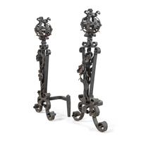 A Pair of Baroque Style Wrought Iron Andirons